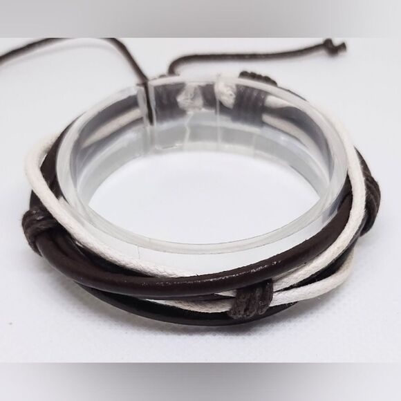 Men's bracelet leather layered brown white New e98 - Picture 1 of 1